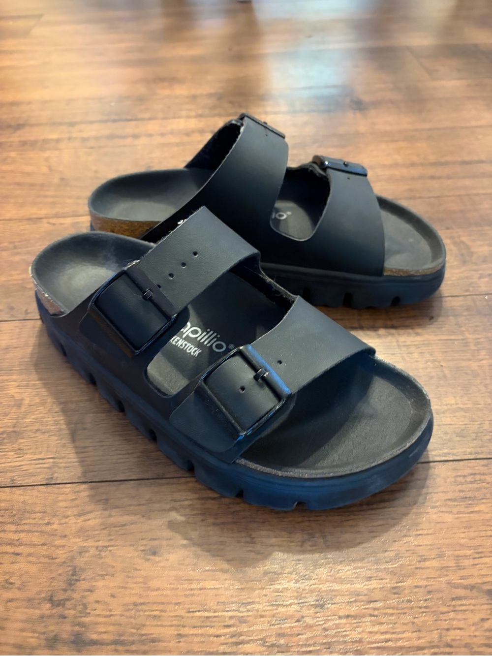 Papillio by Birkenstock Black Women’s Two-Strap Buckle Sandals